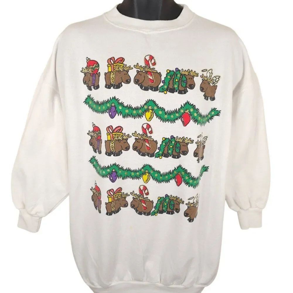 Vintage Christmas Sweatshirt Mens Size XL White 80s 90s Reindeer Tinsel - Picture 2 of 7